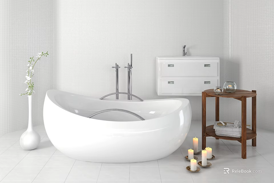 White Freestanding Bathtub in Modern Bathroom Interior with White Vanity Wooden Side Table and Candles 3d model 