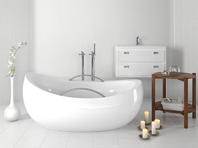 White Freestanding Bathtub in Modern Bathroom Interior with White Vanity Wooden Side Table and Candles 3d model