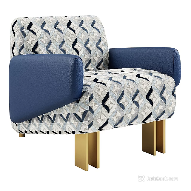 Modern Single Sofa With Geometric Pattern Blue Armrests And Gold Legs 3d model