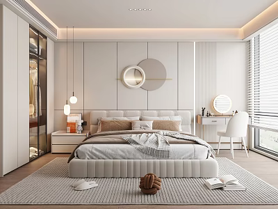 Modern Bedroom Interior Design With Upholstered Headboard Bed Nightstand And Decorative Mirror 3d model