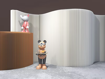 Curved Room Divider With White And Brown Panels And Decorative Figurines 3d model