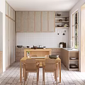 Minimalist Kitchen Interior With Wicker Door Cabinets White Tile Walls Wooden Island And Natural Light