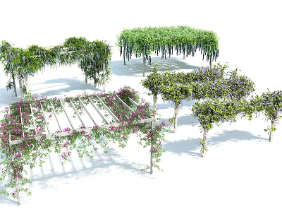 Lush Green Vines Covering Pergola Arbor And Trellis Structures With Purple Pink Flowers 3d model