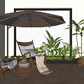 Cozy Home Balcony With Brown Umbrella Wicker Chairs White Cushions Green Plants And Terracotta Pots