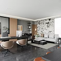 Modern Office Interior With Large Windows Dark Desk Brown Chairs Wooden Panels And Decorative Paintings