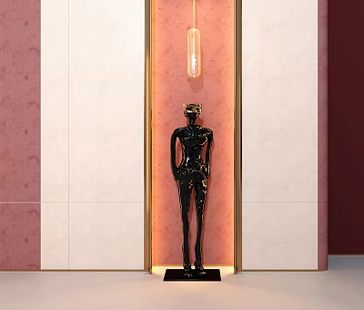 Black Human Figure Sculpture on Pedestal with Pink and White Wall Background and Hanging Light 3d model