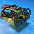 Yellow Industrial Underwater Equipment with Black Frame and Round Components in Seabed Coral Seaweed Environment