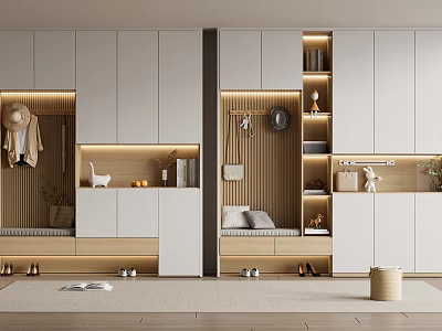 Modern Entryway Shoe Cabinet Design With Wooden Panels LED Lighting Coat Hooks And Decorative Items 3d model