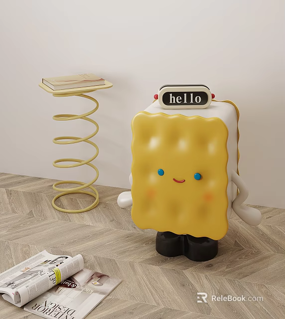 Cute Cookie Shaped Nightstand With Hello Sign Smiling Face And Gold Spiral Side Table 3d model 