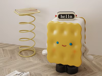 Cute Cookie Shaped Nightstand With Hello Sign Smiling Face And Gold Spiral Side Table 3d model