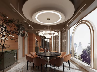 Elegant Modern Private Dining Box Interior With Round Table Chandelier And Large Window 3d model