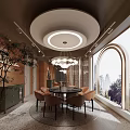 Elegant Modern Private Dining Box Interior With Round Table Chandelier And Large Window 3d model