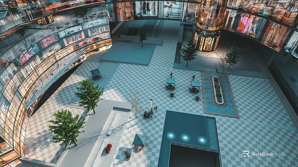 Modern Shopping Mall Atrium With Checkerboard Floor And Green Trees 3d model 