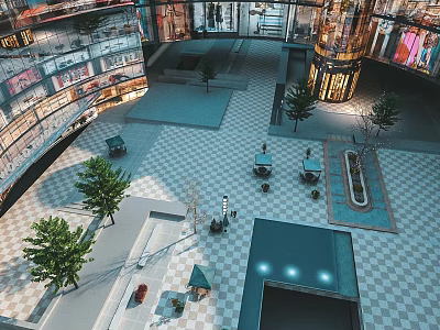 Modern Shopping Mall Atrium With Checkerboard Floor And Green Trees 3d model