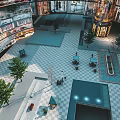 Modern Shopping Mall Atrium With Checkerboard Floor And Green Trees
