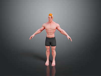 A Shirtless Muscular Man With Blonde Hair In Black Shorts Standing Barefoot 3d model