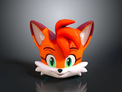 Cute Cartoon Fox Head Figurine With Orange Ears Green Eyes And White Beard 3d model