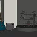 Electric Guitar Amplifier And Drum Set On Gray Display Stand With White Wall Arch Window 3d model