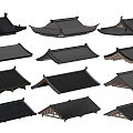 Various Traditional Roof Structures With Black Tiles And Wooden Frames