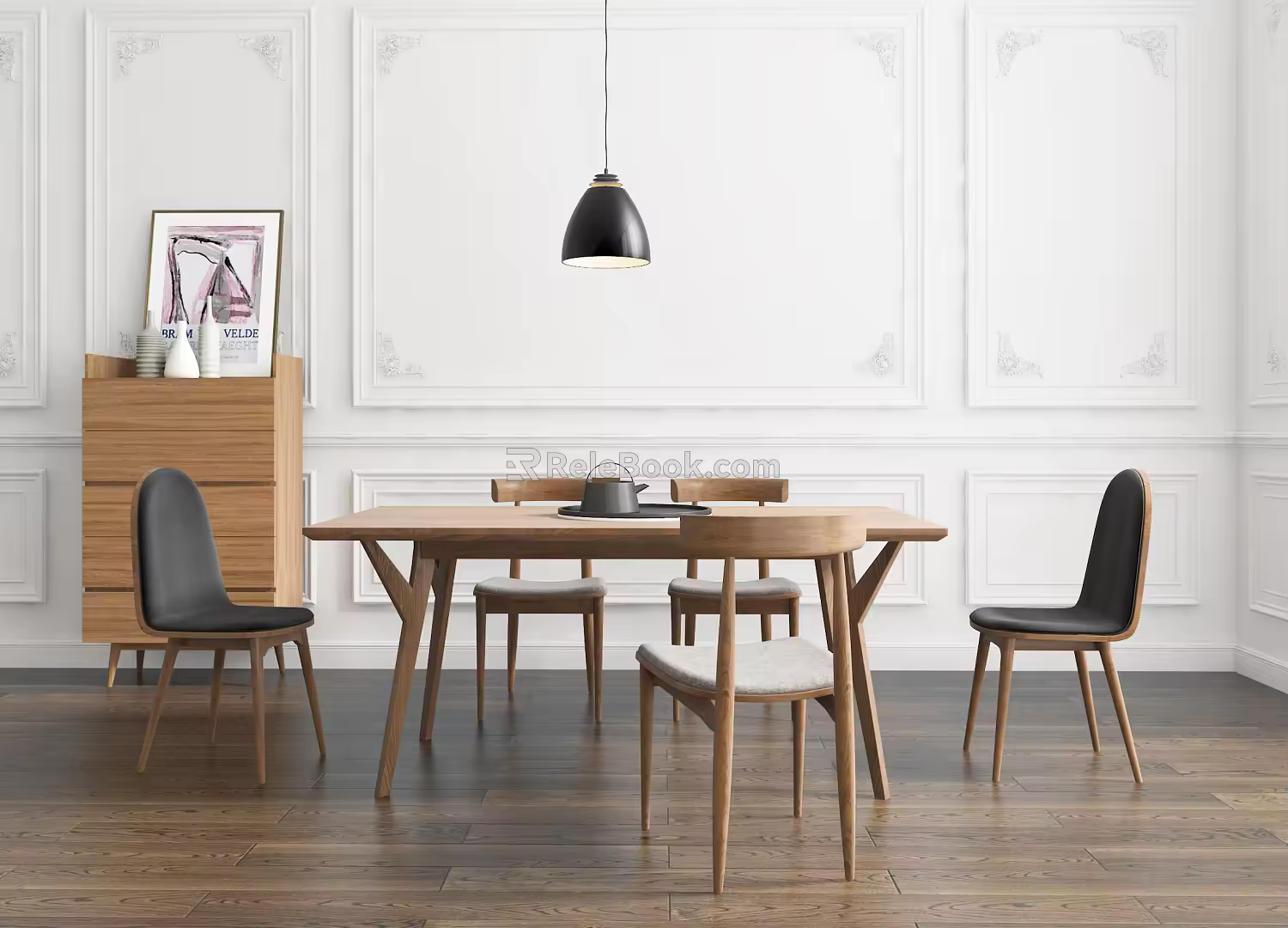 Nordic Dining Table and Chair Combination Solid Wood Dining Table and Chair Side Cabinet Combination 3d model