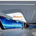 Modern Exhibition Hall Featuring Blue LED Screen With Data Display And Modern Lighting Design