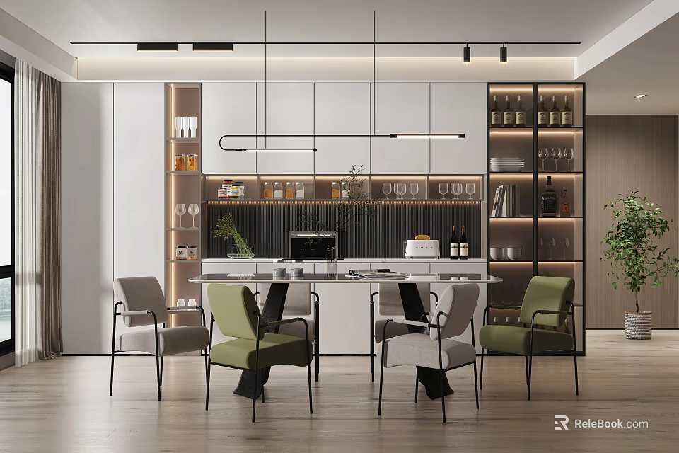 Modern Restaurant Interior Design With Dining Table Chairs Hanging Lights Open Cabinets And Plants 3d model 
