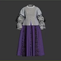 Traditional Dark Gray Cape With White Blue Striped Sleeves And Purple Black Skirt