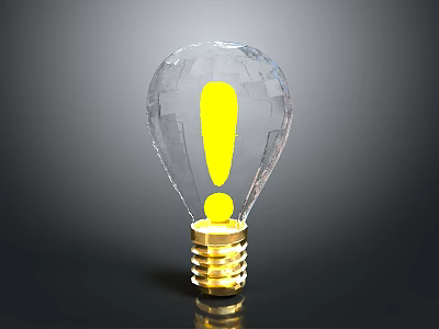 Transparent Glass Light Bulb With Yellow Exclamation Mark And Golden Base 3d model