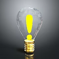 Transparent Glass Light Bulb With Yellow Exclamation Mark And Golden Base