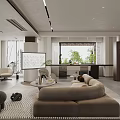 Modern Dining and Living Room Interior With Sofa Coffee Table Area Rug And Window View