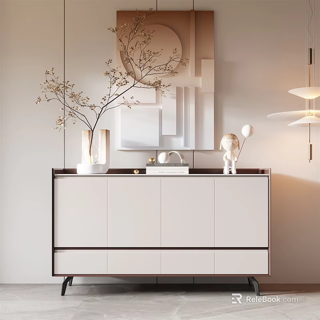 Modern White Entryway Console Cabinet With Black Trim Vase Branches Above Mirror 3d model 