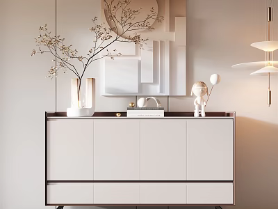 Modern White Entryway Console Cabinet With Black Trim Vase Branches Above Mirror 3d model