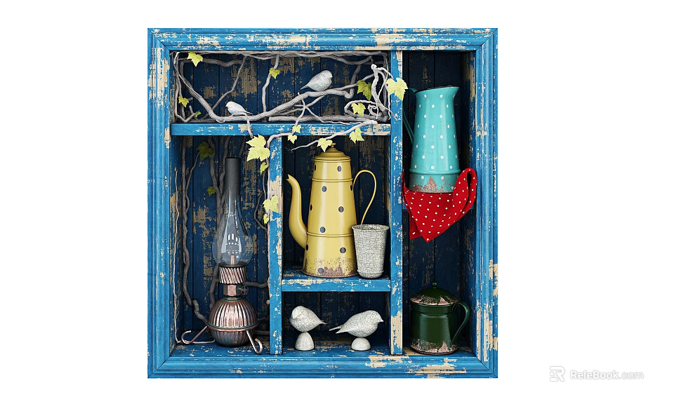 Vintage Blue Distressed Storage Cabinet With Decorative Bird Figurines Vines And Colorful Kettles 3d model 