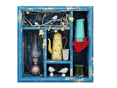 Vintage Blue Distressed Storage Cabinet With Decorative Bird Figurines Vines And Colorful Kettles 3d model