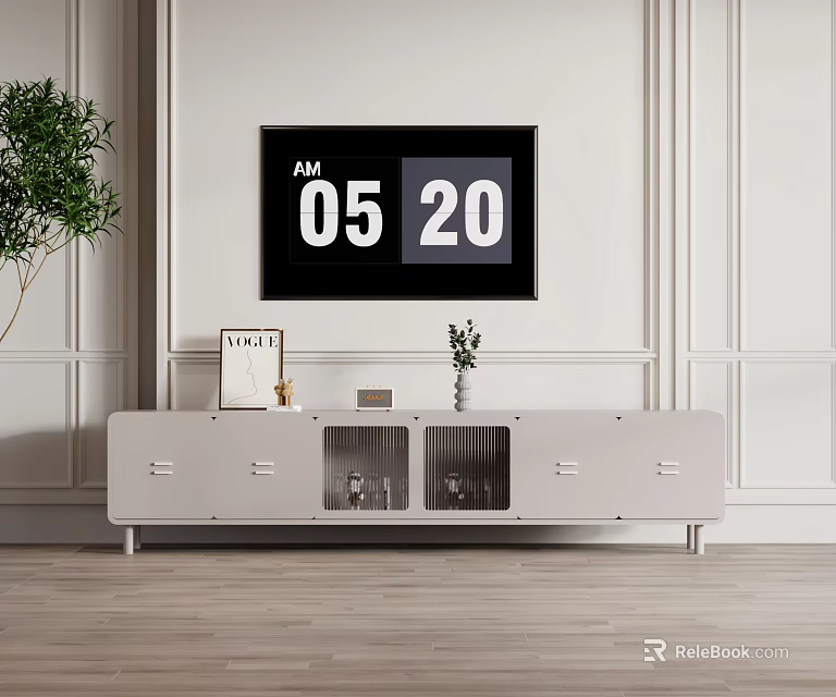Minimalist White TV Stand With Glass Doors Drawers Photo Frame And Plant In Living Room 3d model 