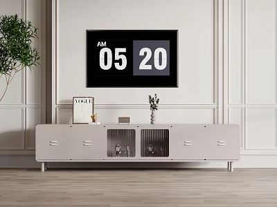 Minimalist White TV Stand With Glass Doors Drawers Photo Frame And Plant In Living Room 3d model