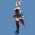 Woman With Pink Pigtails In Black Purple Dress Lace Flower Thigh High Boots Blue Background
