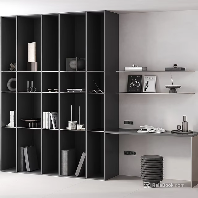 Modern Black Bookcase With Multiple Shelves For Books And Decor In Study Area 3d model