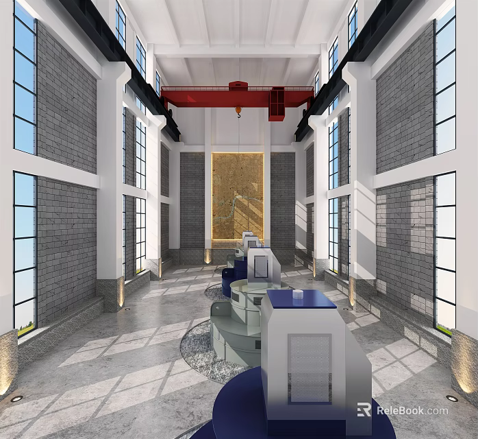 Modern Spacious Interior With Gray Brick Walls Large Windows Red Beams Golden Decor 3d model 