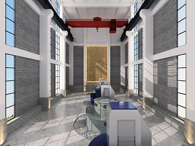 Modern Spacious Interior With Gray Brick Walls Large Windows Red Beams Golden Decor 3d model