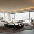 Open Concept Living Dining Room With Marble Island Pendant Lights Large Windows Sofa Area