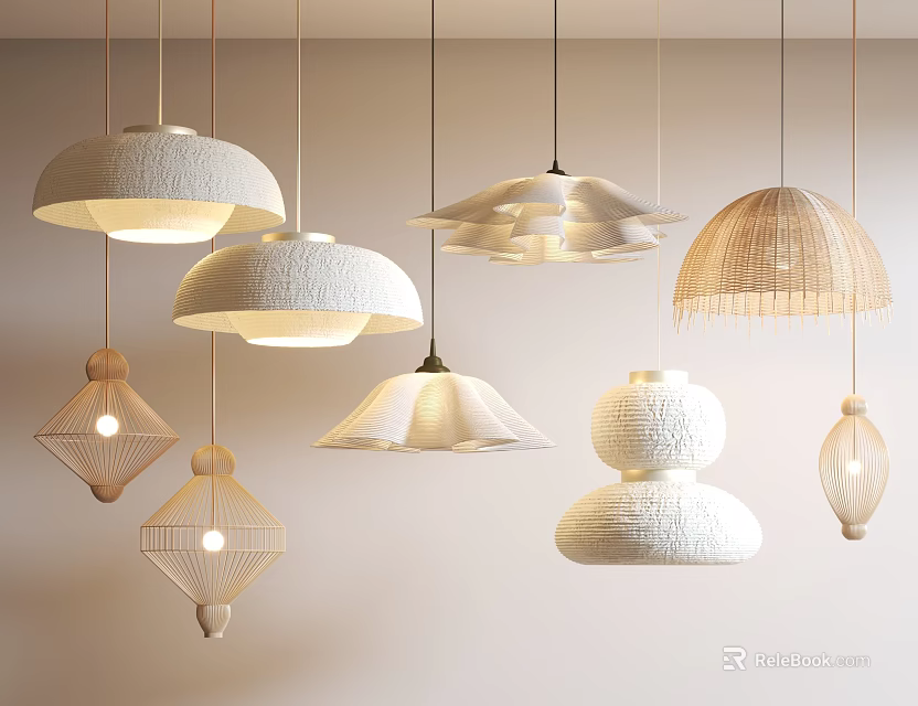 Modern Lighting Combinations With Multiple Hanging Pendant Lights Textured Shades And Woven Designs 3d model 