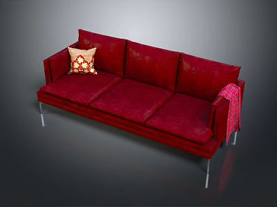 Red Three Seater Sofa With Decorative Pillow And Red Blanket On Metal Legs 3d model