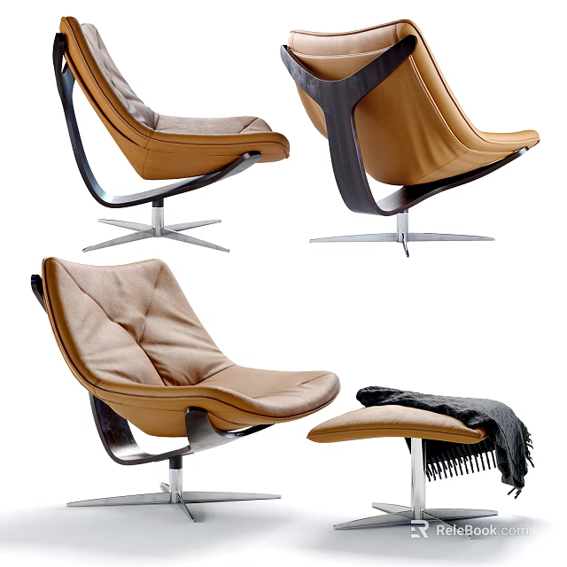 Elegant Leather Lounge Chair With Modern Metal Base Ottoman And Cozy Throw Blanket 3d model 