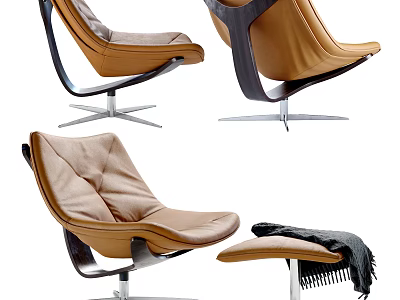 Elegant Leather Lounge Chair With Modern Metal Base Ottoman And Cozy Throw Blanket 3d model