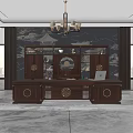 Elegant Chinese Mahogany Office Desk with Wooden Bookcase Chandelier and Landscape Painting