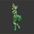 Green Horned Winged Fantasy Game Character With Feathered Outfit And Vibrant Magical Design