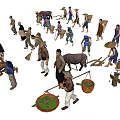 Multiple People Engaged in Traditional Labor Carrying Baskets Using Farm Tools And Ox 3d model