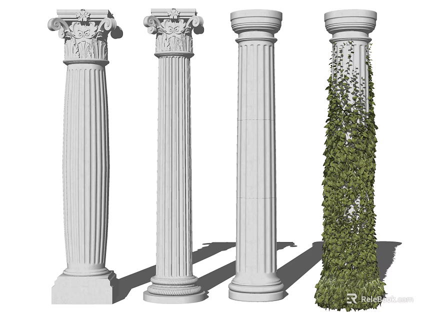 Various Styles Of Decorative Roman Columns With Ornate Capitals And Ivy Covered Design 3d model 