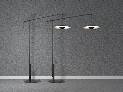 Two Modern Floor Lamps With Sleek Black Poles And Round Shades Against Grey Wall Background 3d model